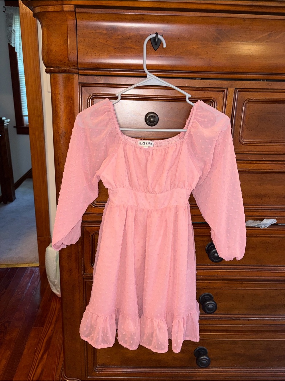 Grace Karin Pink Swiss Dot Long Sleeve Babydoll Dress Size 7Y